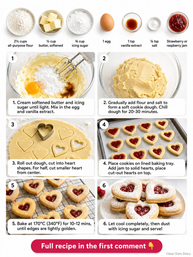 A stack of perfectly baked heart-shaped jam cookies dusted with icing sugar some with a smaller heart cut out showing re
