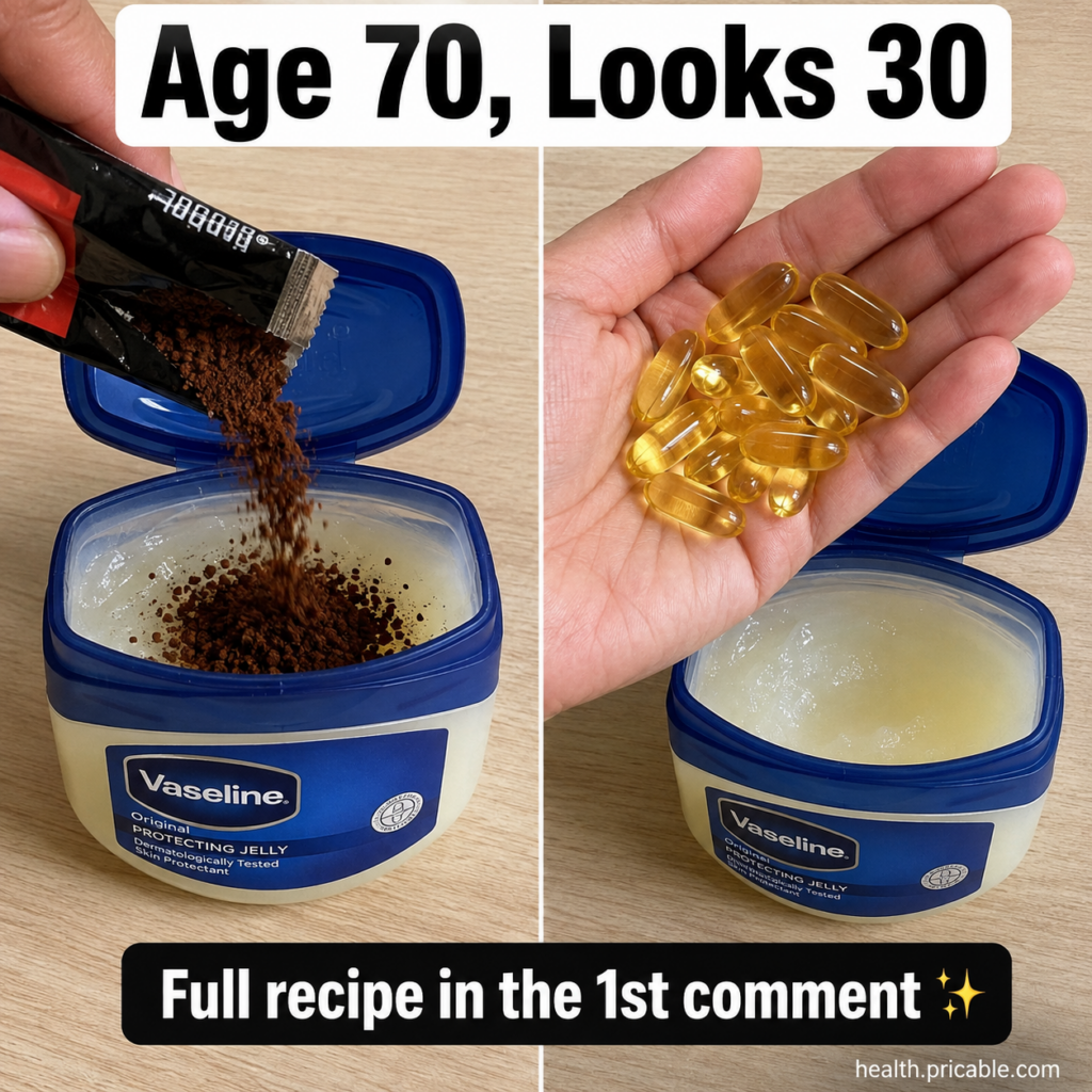 A diptych showing a hand mixing coffee into Vaseline on one side and another hand holding Vitamin E capsules over Vaseli