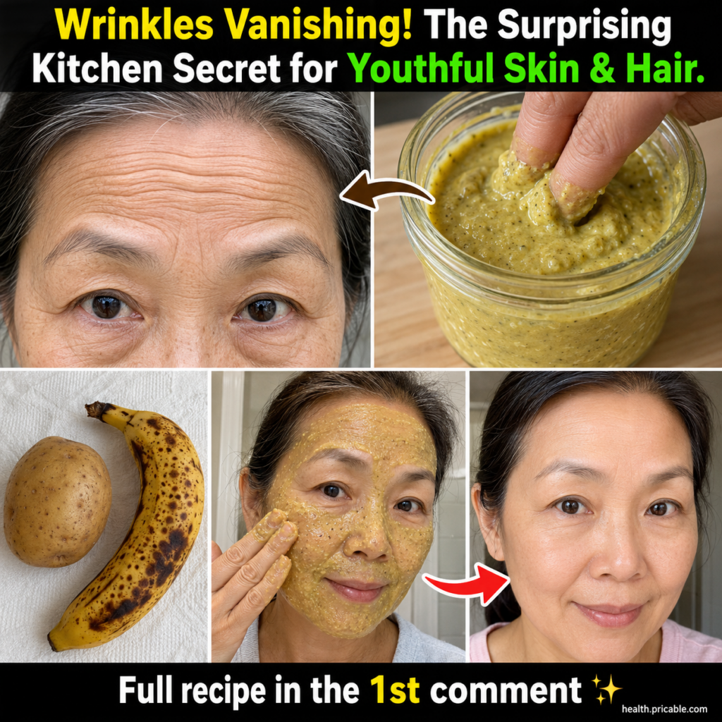 A collage showing before-and-after results of a banana and potato mask with ingredients like banana and potato and a gre