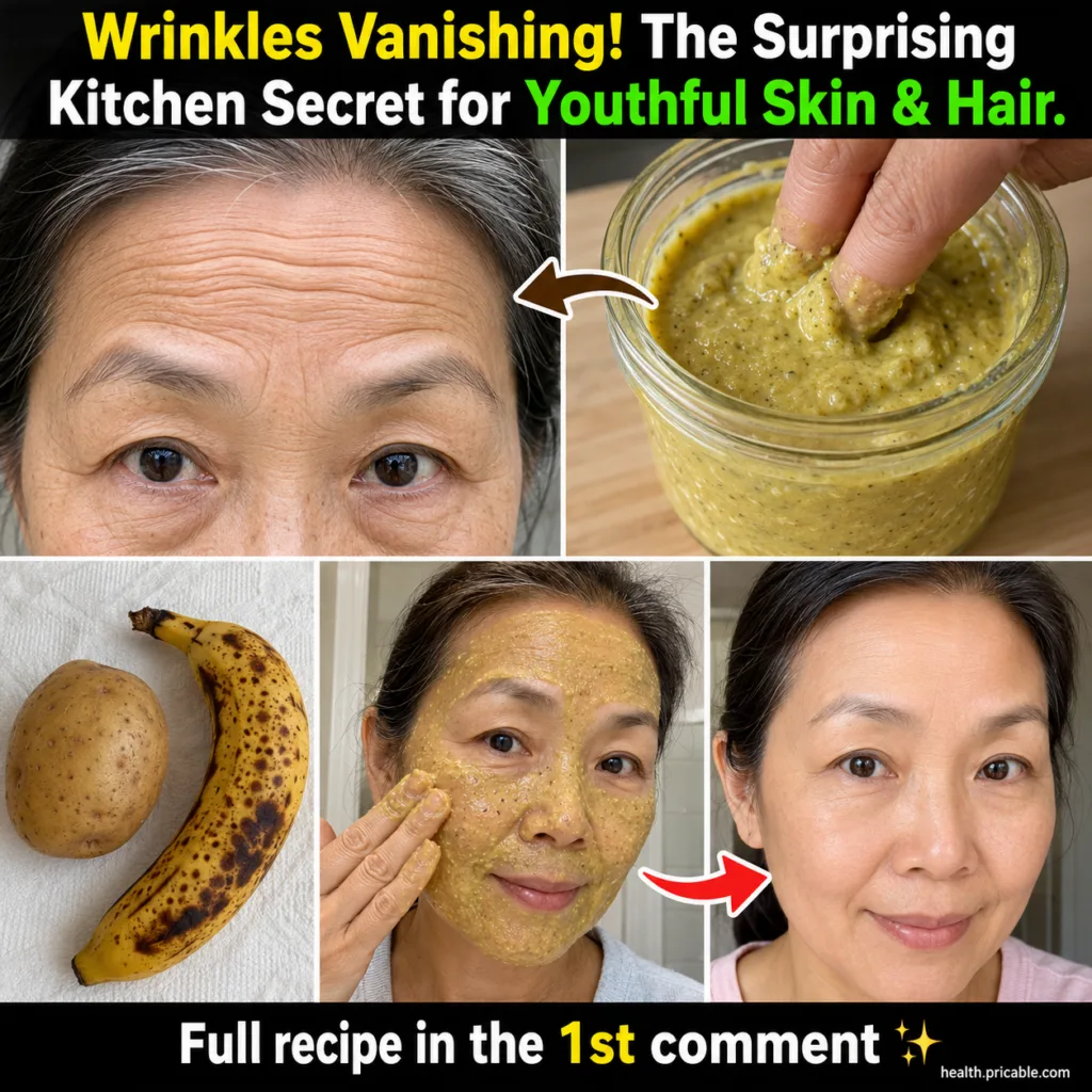 A collage showing before-and-after results of a banana and potato mask with ingredients like banana and potato and a gre