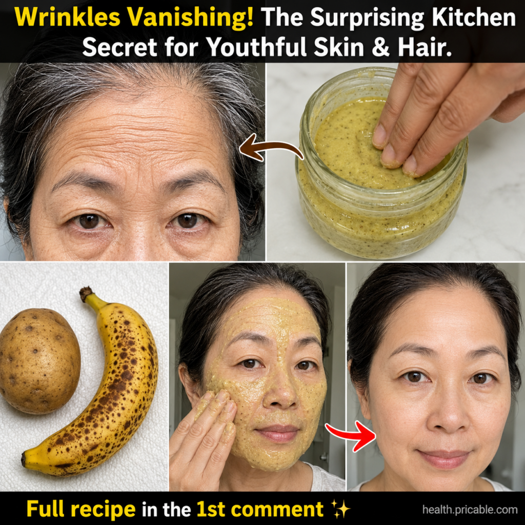 A collage showing a ripe banana and a potato as raw ingredients a person s hand mixing a greenish-yellow paste in a glas