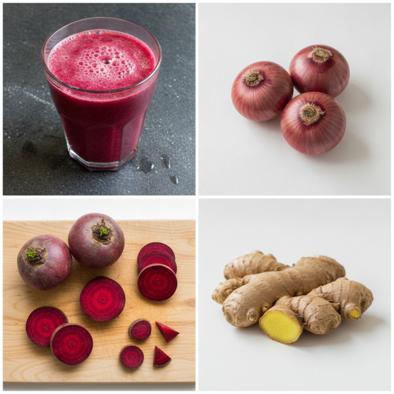 A four-panel collage showing a glass of vibrant red purple juice red onions sliced beetroots and ginger roots