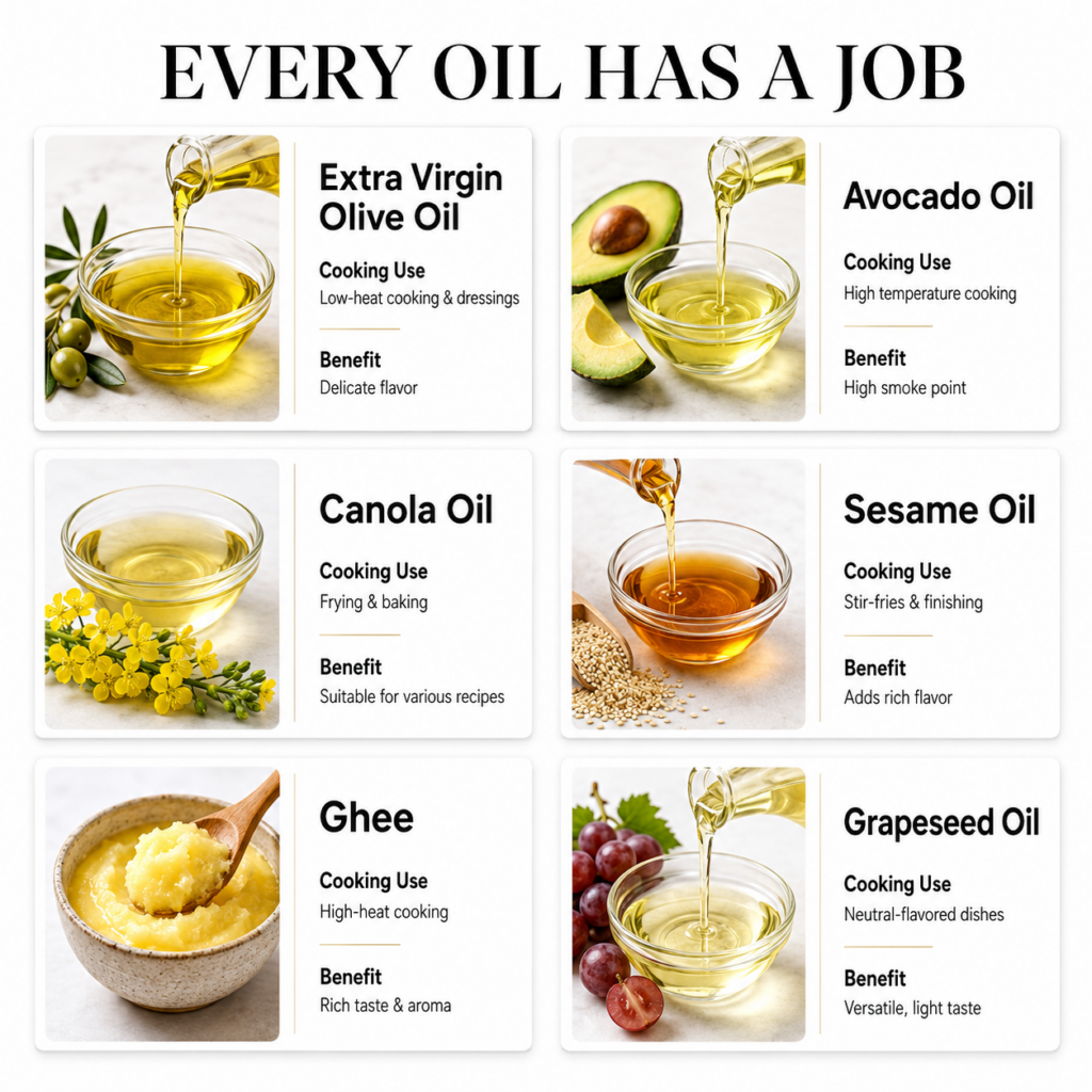 A grid-based infographic titled EVERY OIL HAS A JOB showing six different cooking oils with their uses and benefits Each