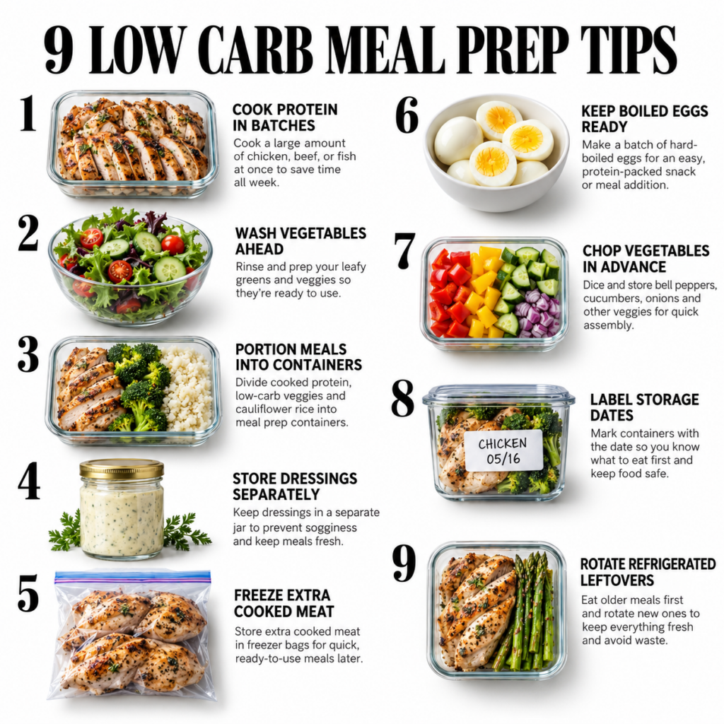 A collage or grid of nine distinct low-carb meal prep tips showing various prepped foods like grilled chicken broccoli c