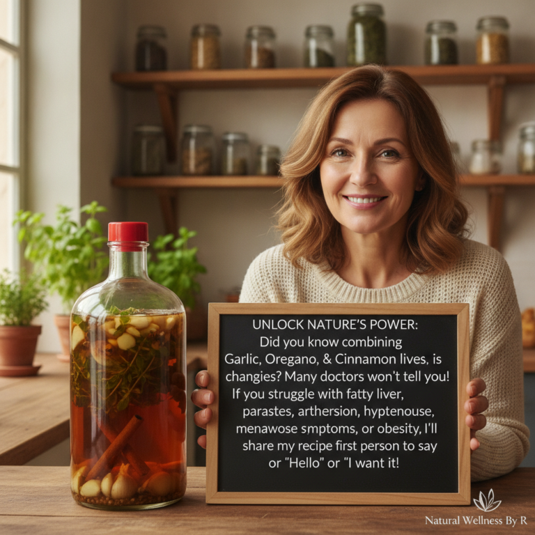 A smiling woman holding a chalkboard in a warm kitchen next to a large glass bottle filled with a liquid infusion contai