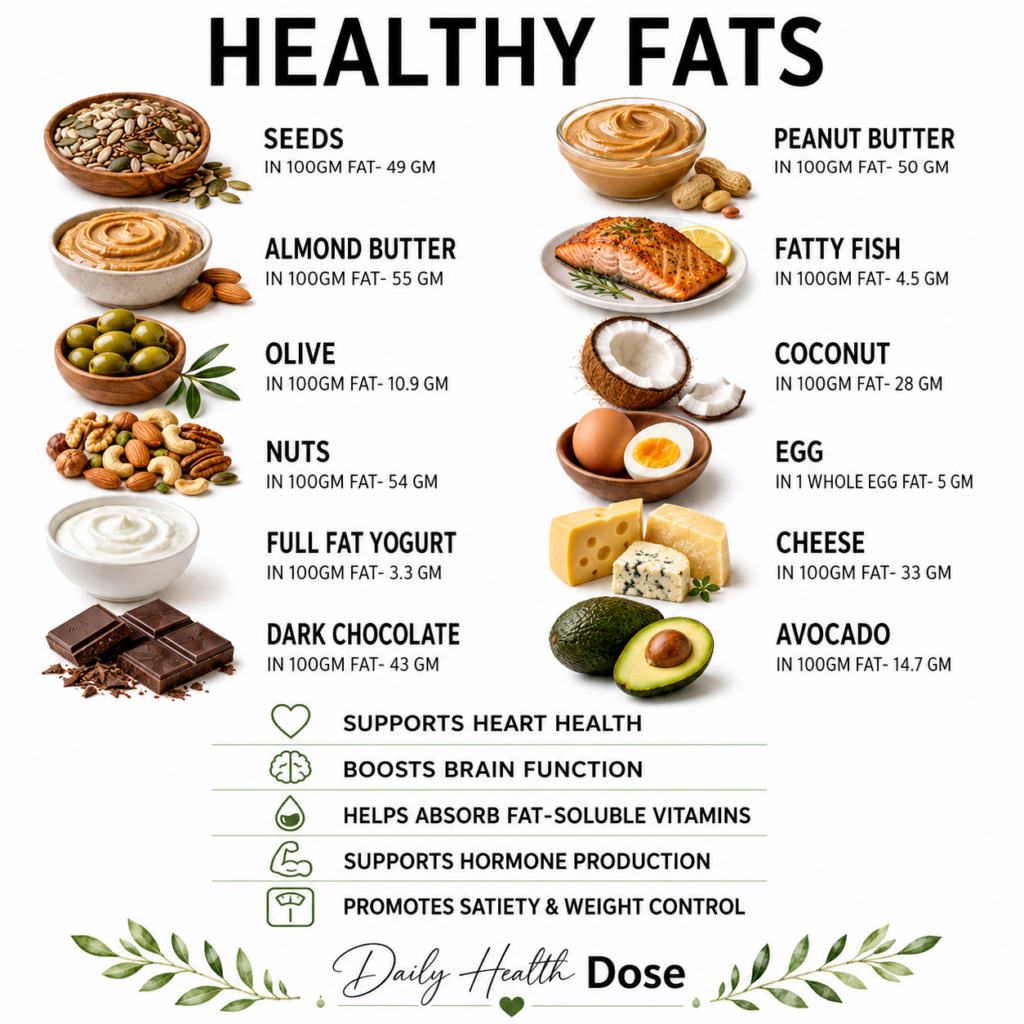 An infographic titled Healthy Fats showing various food sources like olive oil avocado eggs cheese salmon nuts seeds and