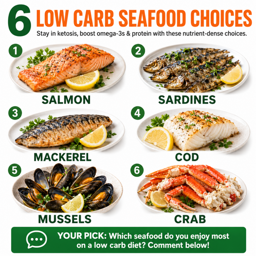 A grid infographic titled 6 LOW CARB SEAFOOD CHOICES displaying individual photos of cooked Salmon Sardines Mackerel Cod