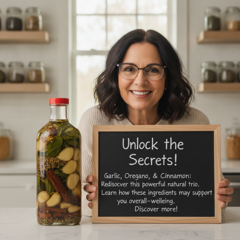 A friendly woman in a bright kitchen holding a blackboard promoting garlic oregano and cinnamon for natural well-being N