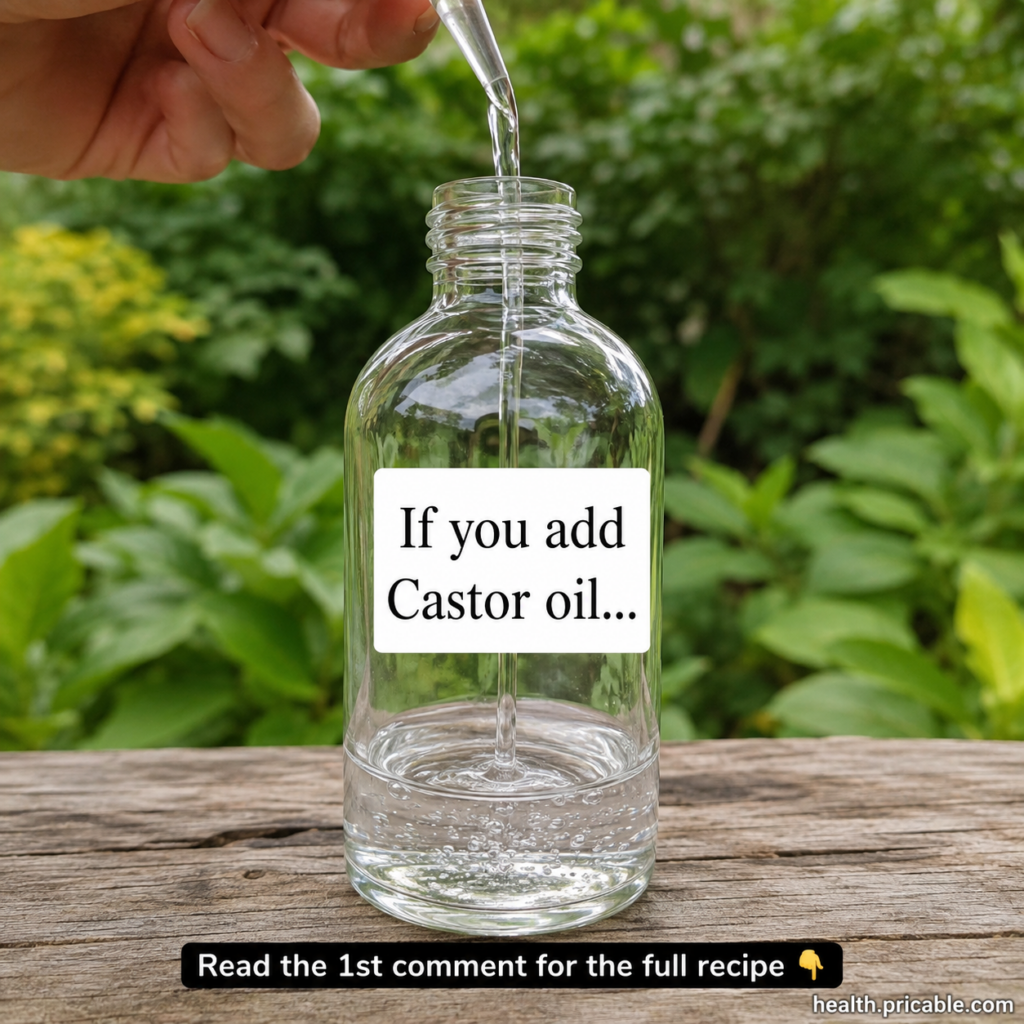 A close-up shot of a clear glass dropper bottle on a rustic wooden surface with a hand adding clear liquid into it sugge