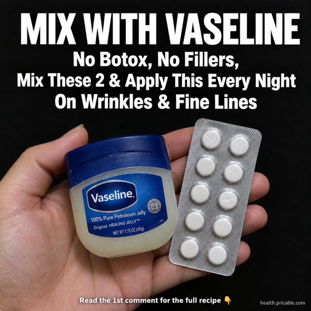 A hand holding a tub of Vaseline and a blister pack of white aspirin pills against a dark background with text overlay M