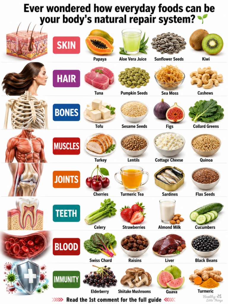 An infographic showing the human body divided into eight sections Skin Hair Bones Muscles Joints Teeth Blood Immunity wi