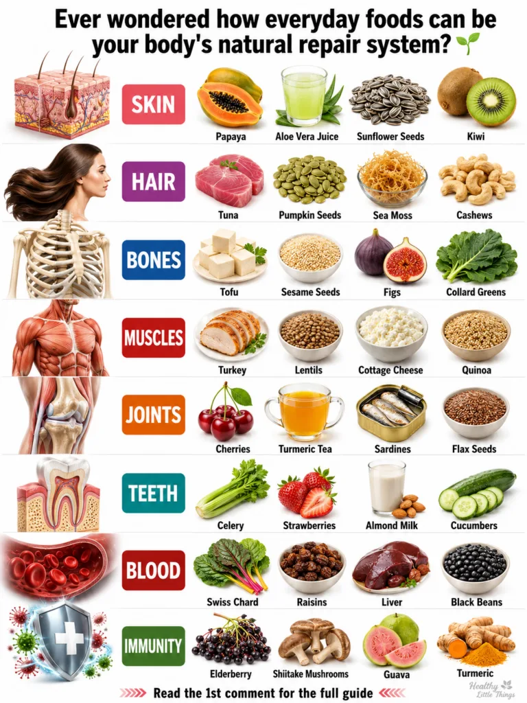 An infographic showing the human body divided into eight sections Skin Hair Bones Muscles Joints Teeth Blood Immunity wi