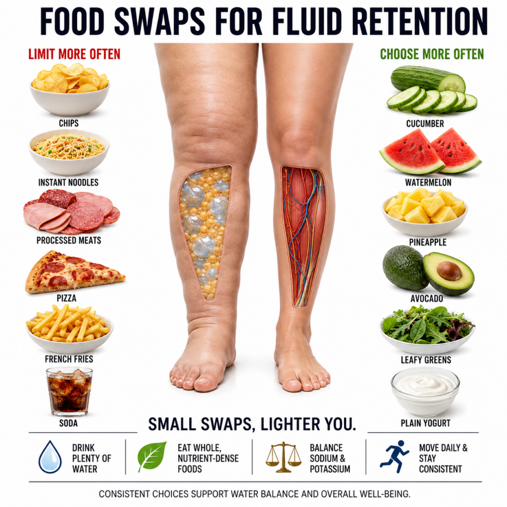 An infographic showing two legs one swollen with fluid retention and another healthy side-by-side On one side Limit More