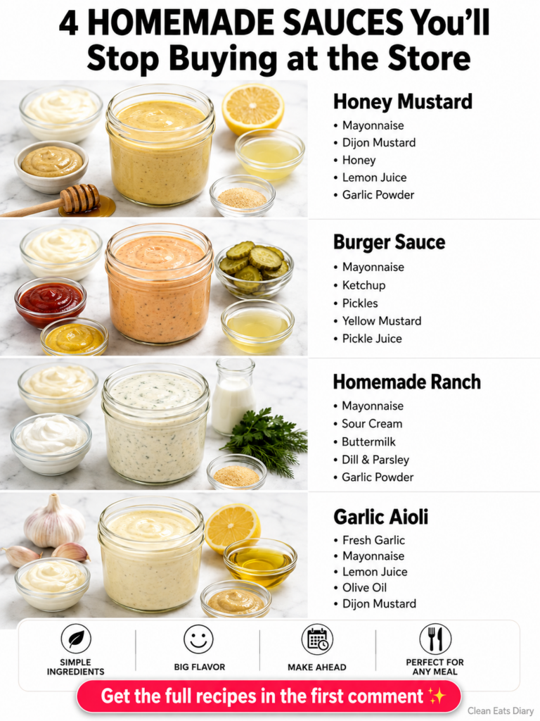 A clear glass jar filled with bright yellow honey mustard sauce with a small spoon dipped in Surrounding the jar are sma
