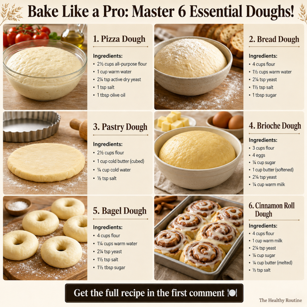 A vibrant grid layout showcasing six distinct types of dough pizza dough with cherry tomatoes focaccia bread flaky pastr
