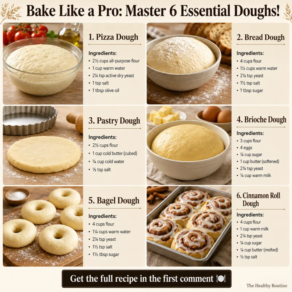 A vibrant grid layout showcasing six distinct types of dough pizza dough with cherry tomatoes focaccia bread flaky pastr