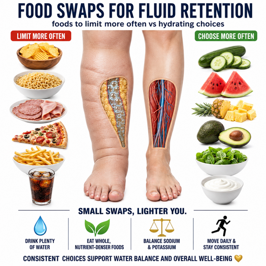 An infographic showing food swaps for fluid retention It features a comparison of a swollen leg and a healthy leg with L