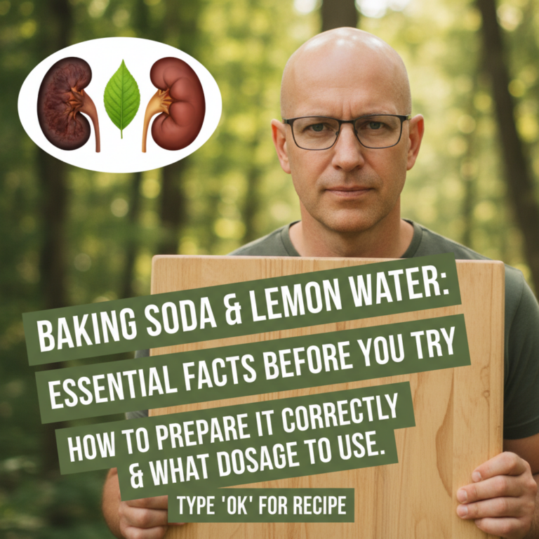 A bald man with glasses holding a wooden board with text BAKING SODA LEMON WATER ESSENTIAL FACTS BEFORE YOU TRY HOW TO P
