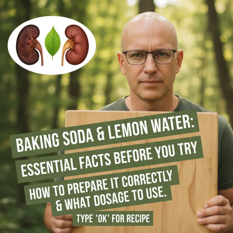 A bald man with glasses holding a wooden board with text BAKING SODA LEMON WATER ESSENTIAL FACTS BEFORE YOU TRY HOW TO P