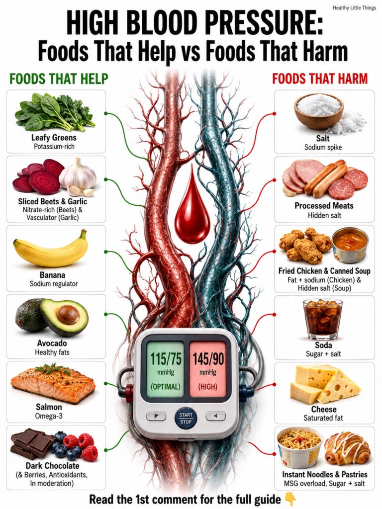 An infographic showing foods that help lower blood pressure on the left connected to an optimal blood pressure reading a