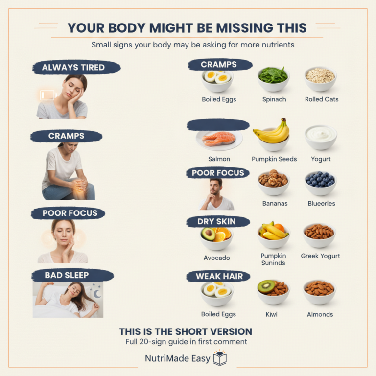 An infographic showing six common symptoms of nutrient deficiency on the left Always Tired Cramps Poor Focus Bad Sleep D