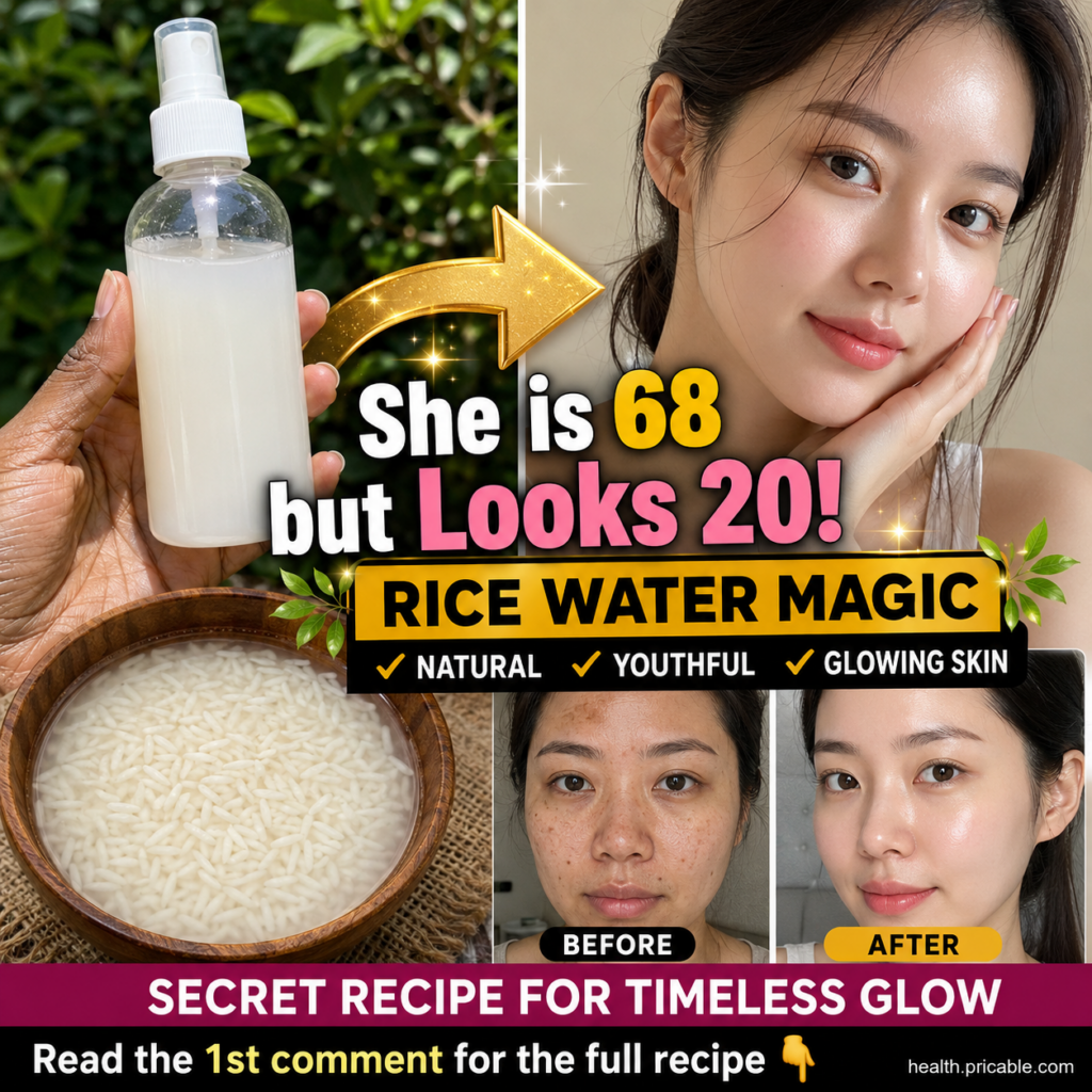 A dynamic collage promoting rice water for glowing skin featuring a woman with radiant skin a hand holding a spray bottl