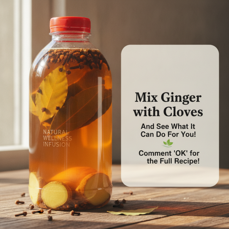 A clear plastic bottle filled with golden-brown ginger and clove infusion with visible ginger slices whole cloves and ba