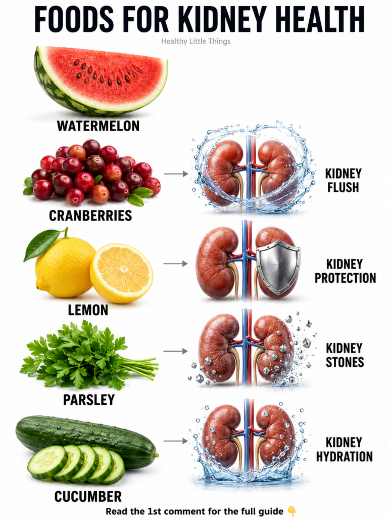 A collection of kidney-friendly foods like watermelon cranberries lemons parsley and cucumbers arranged around an illust