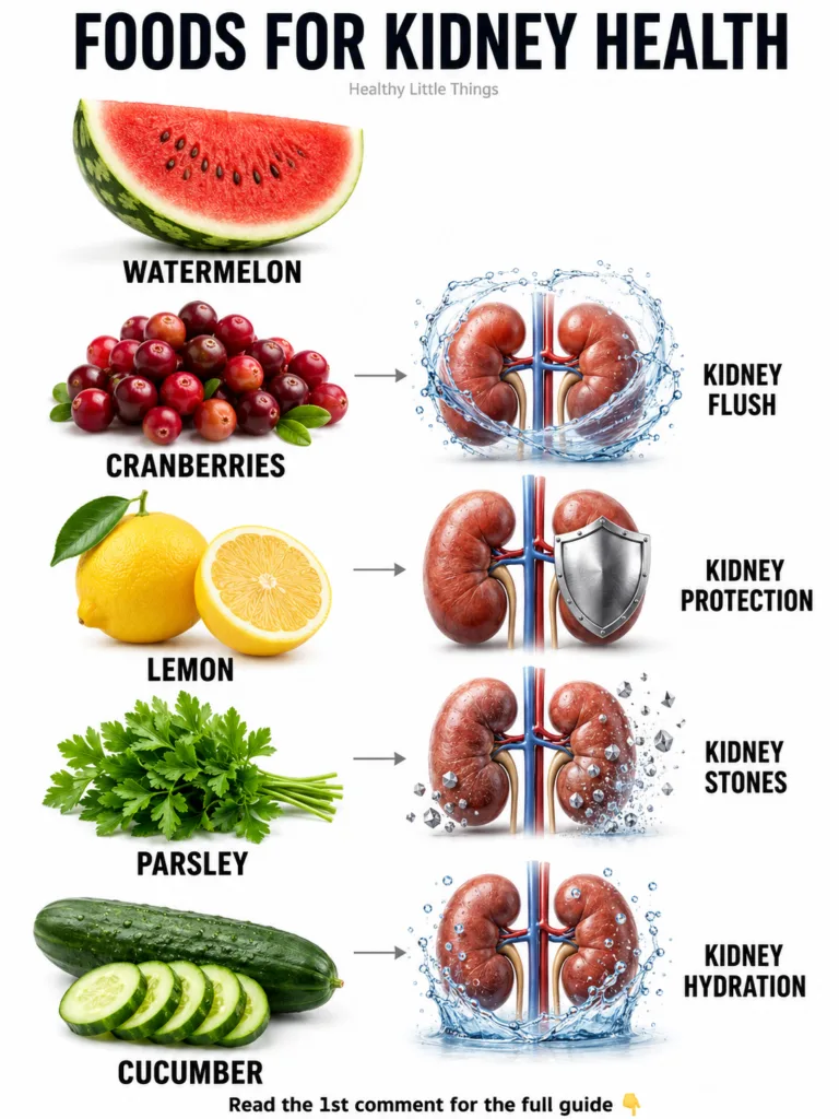 A collection of kidney-friendly foods like watermelon cranberries lemons parsley and cucumbers arranged around an illust