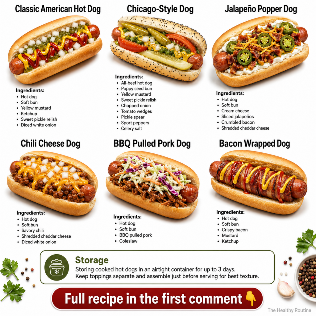 A top-down grid of six different gourmet hot dogs each in a bun with unique toppings on a clean white background The hot
