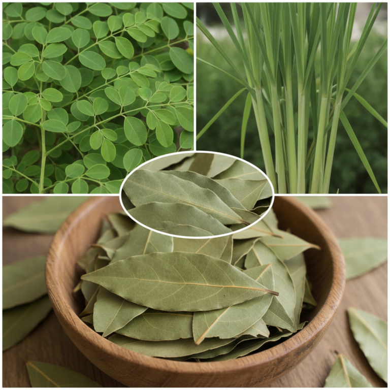 A collage showcasing fresh moringa leaves fresh lemongrass stalks and dried bay leaves in a rustic wooden bowl with a cl