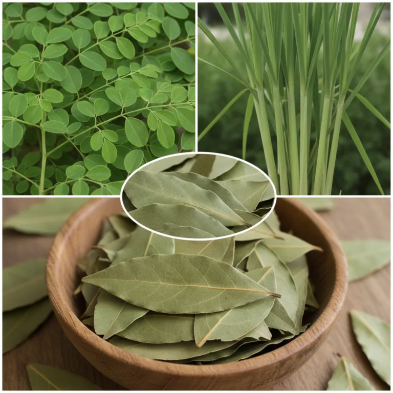 A collage showcasing fresh moringa leaves fresh lemongrass stalks and dried bay leaves in a rustic wooden bowl with a cl