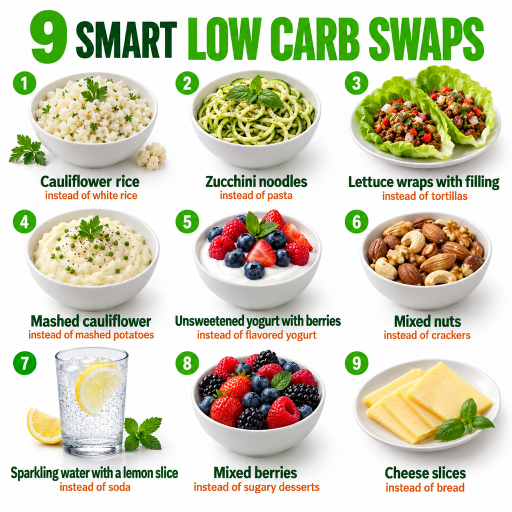 An infographic titled 9 Smart Low Carb Swaps showing nine distinct food items in a grid layout each with a number a gree