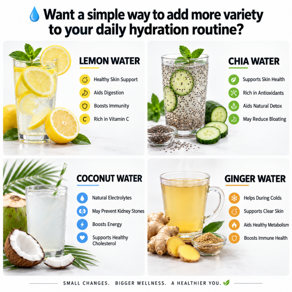A visual infographic showcasing four types of healthy infused waters Lemon Water Chia Water Coconut Water and Ginger Wat