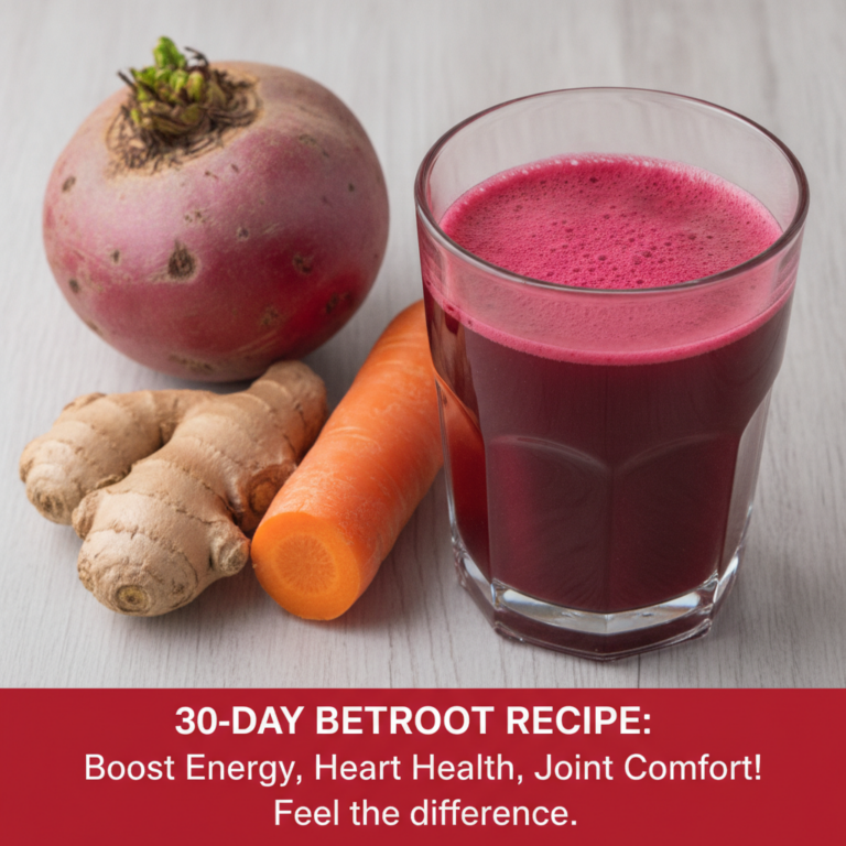 A vibrant glass of deep magenta beetroot juice on a light grey wooden surface surrounded by a whole raw beetroot with le