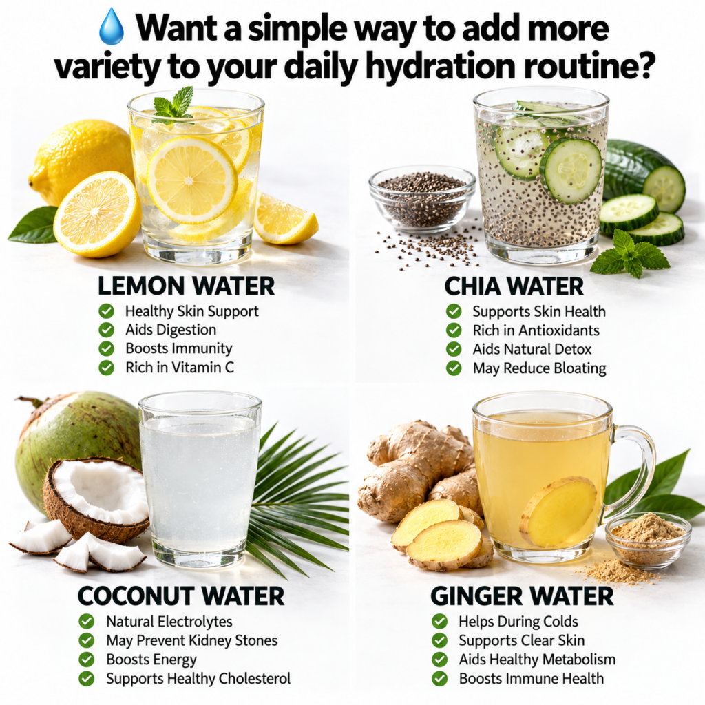 A composite image showing four glasses of infused water lemon water chia water coconut water and ginger water each with