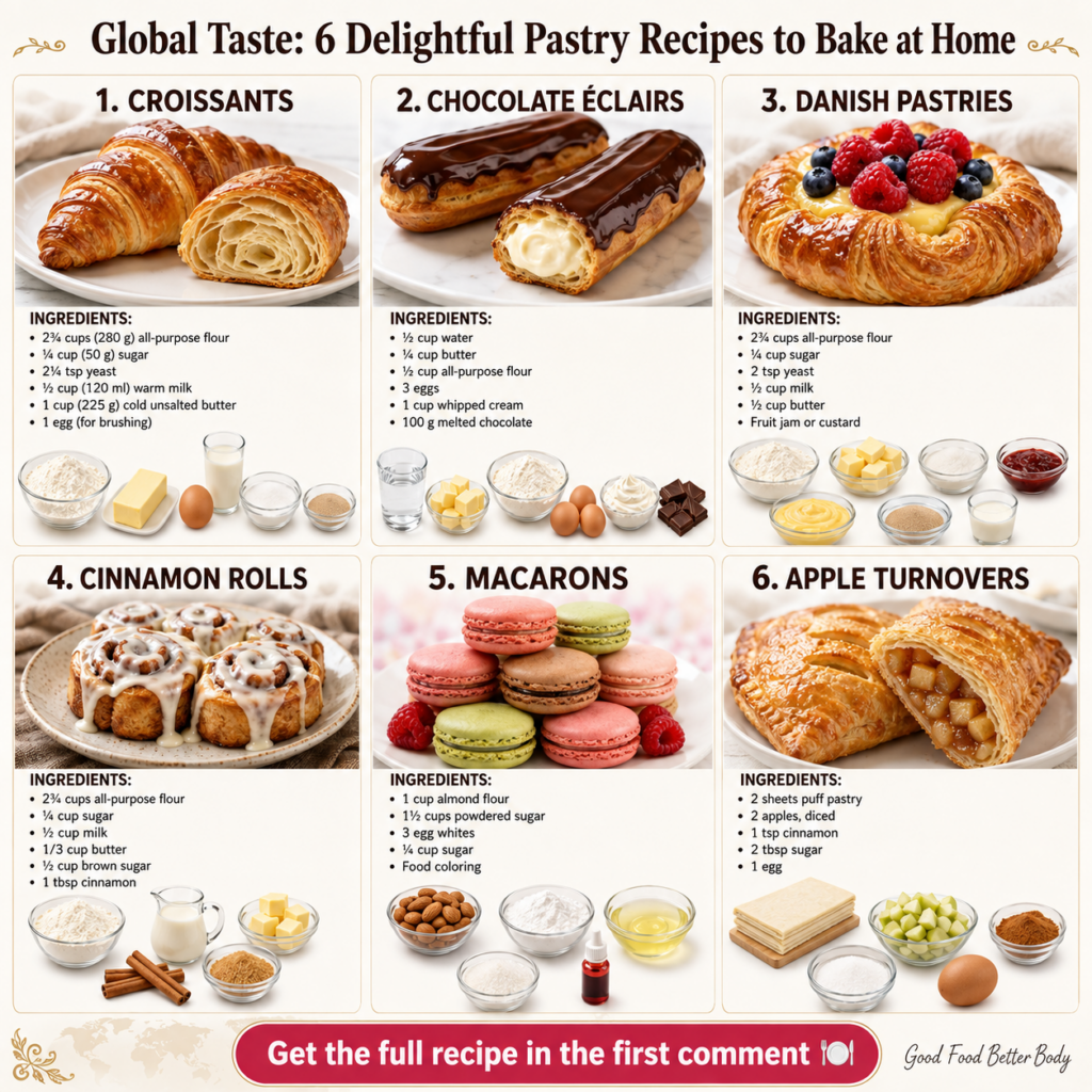 A top-down view of six distinct pastries arranged neatly on a white background Classic Croissants Chocolate Eclairs Dani