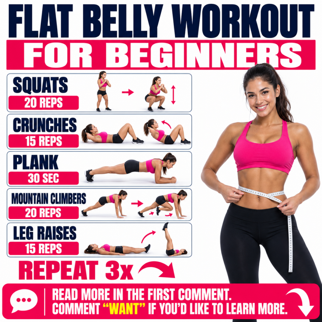 A motivational graphic showing a FLAT BELLY WORKOUT FOR BEGINNERS with five exercises Squats Crunches Plank Mountain Cli