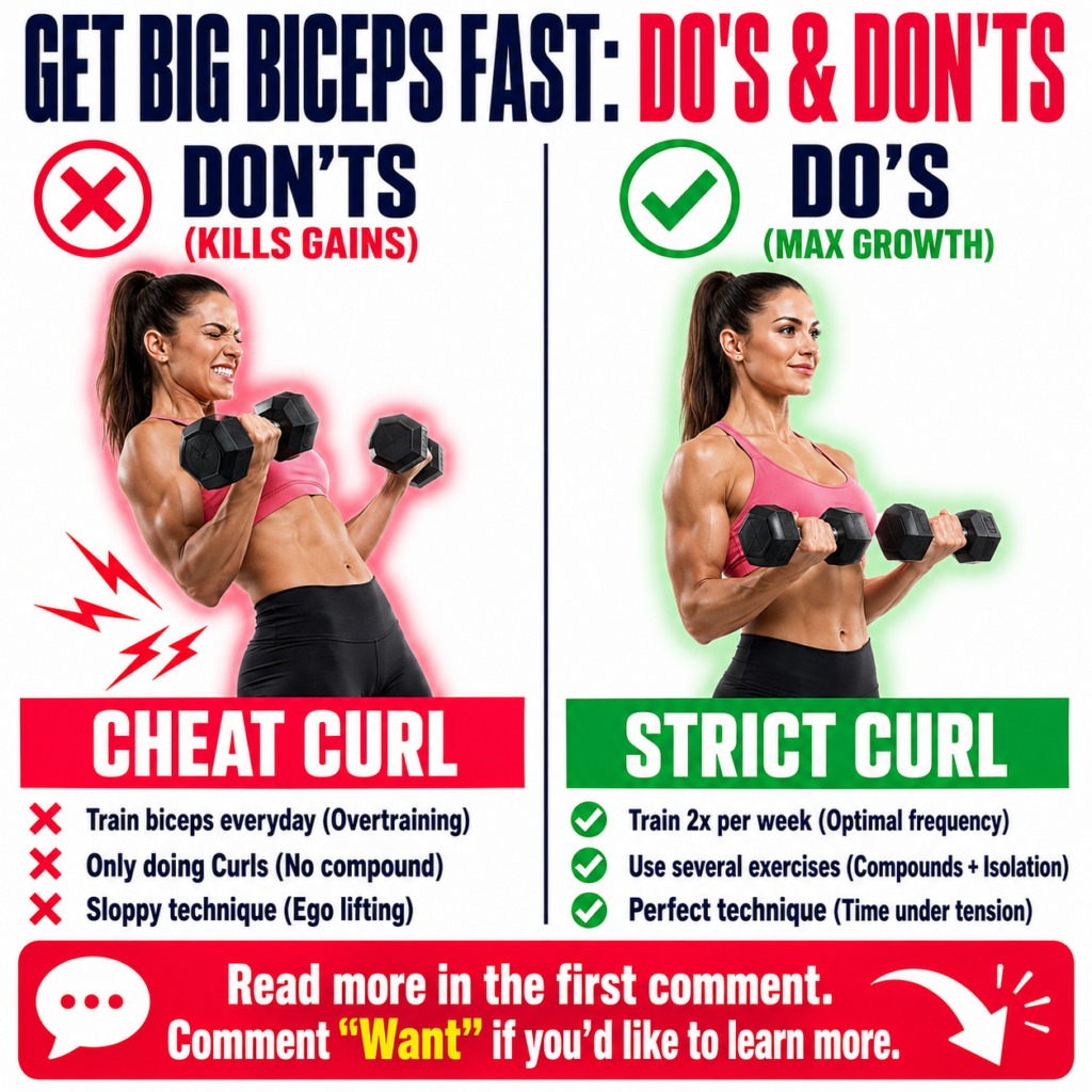 A graphic illustrating bicep training do s and don ts showing a woman performing both a cheat curl bad form with red hig