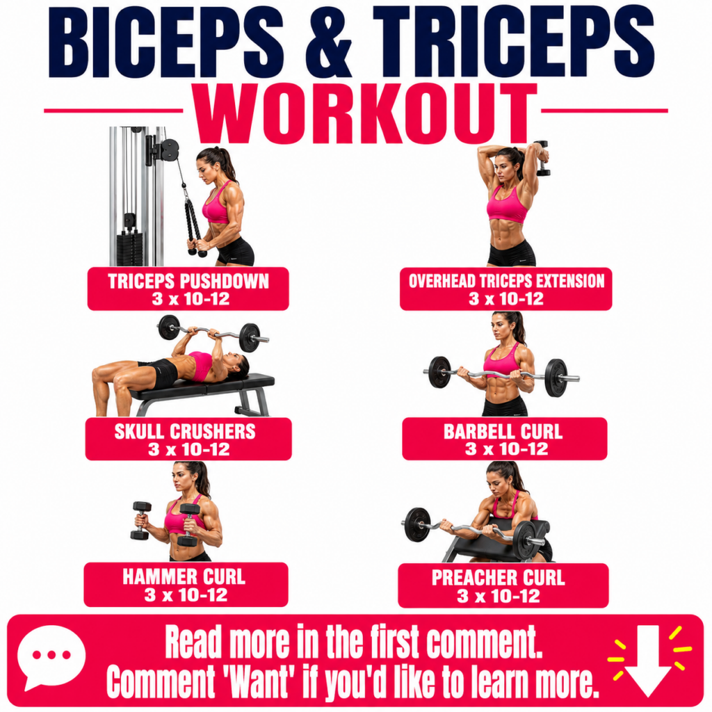 An infographic detailing a biceps and triceps workout showing an athletic female model demonstrating six exercises Trice
