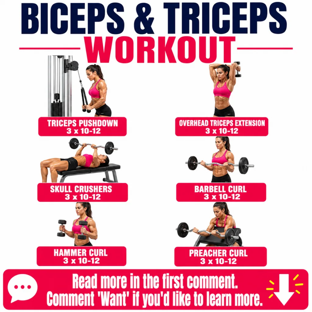 An infographic detailing a biceps and triceps workout showing an athletic female model demonstrating six exercises Trice