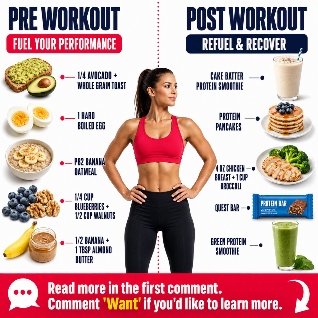 An infographic illustrating pre and post-workout nutrition featuring a fit woman in athletic wear separating two columns