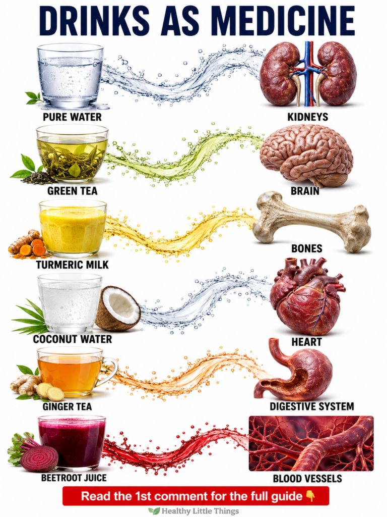 An infographic titled DRINKS AS MEDICINE showing six natural drinks Pure Water Green Tea Turmeric Milk Coconut Water Gin