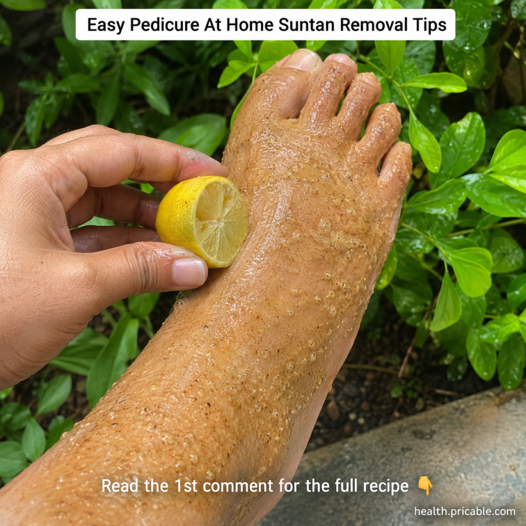 A close-up of a foot and lower leg covered in a brown granular scrub with a hand holding a half-lemon poised to apply it