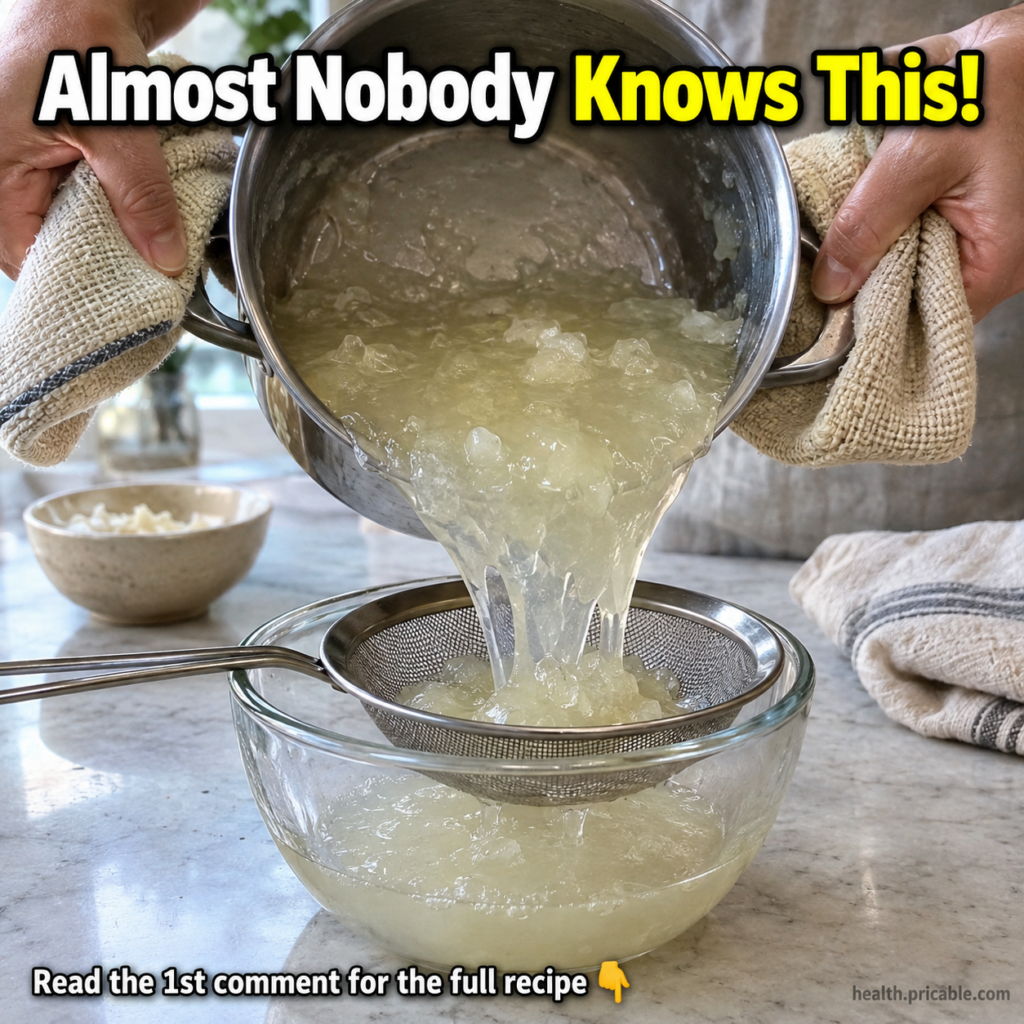 A close-up of a person s hands straining a homemade flaxseed gel through a fine-mesh strainer into a clear glass bowl sh