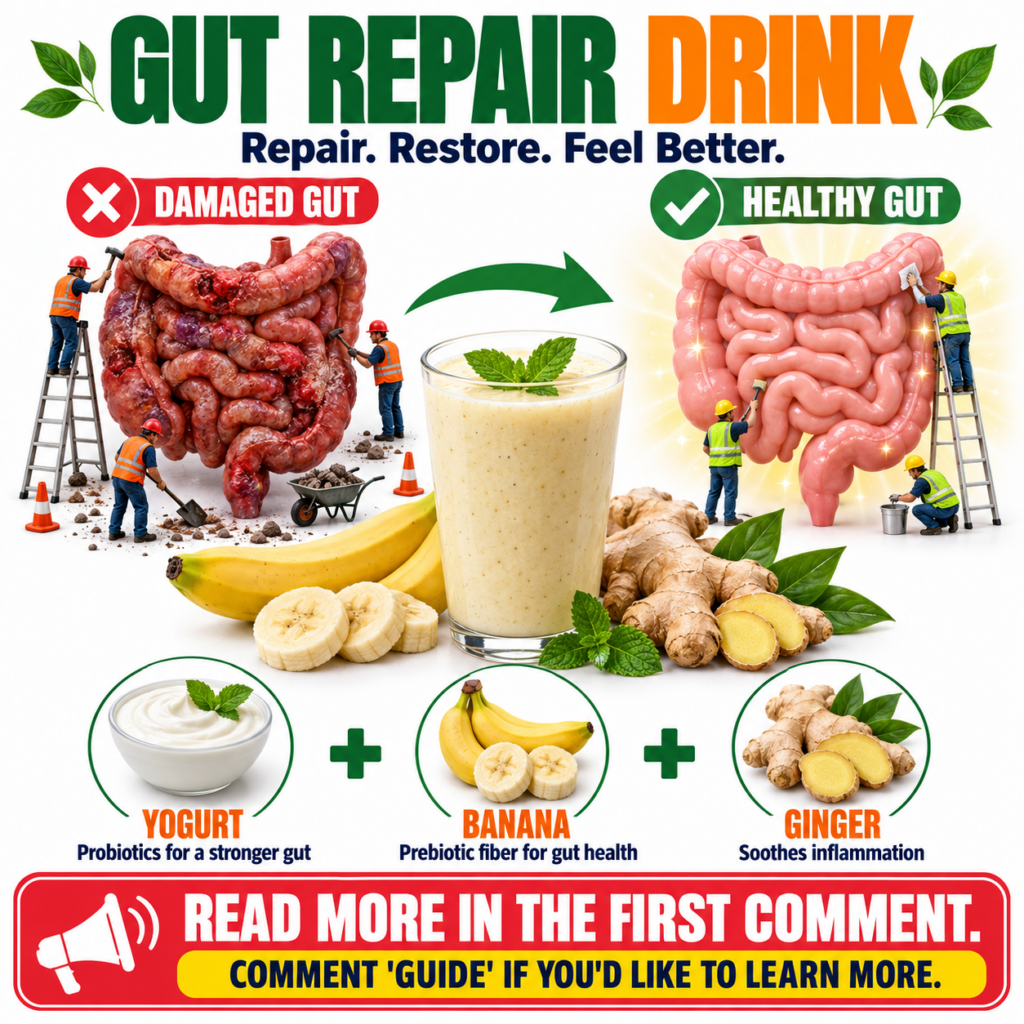 An infographic showing a DAMAGED GUT on the left with miniature construction workers causing damage transitioning to a H