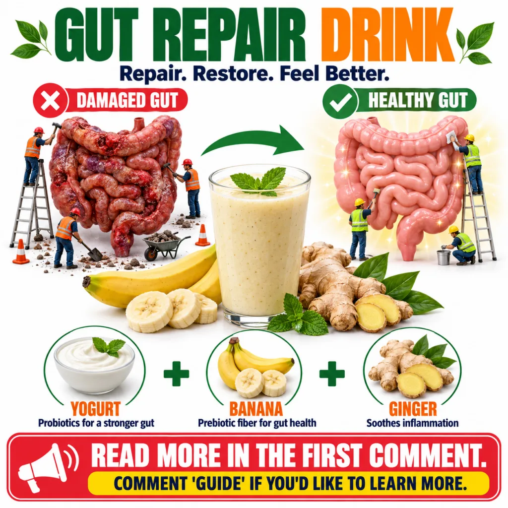 An infographic showing a DAMAGED GUT on the left with miniature construction workers causing damage transitioning to a H