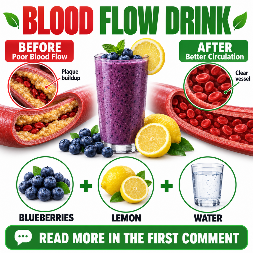 A brightly colored informative graphic promoting a Blood Flow Drink The central part features a tall glass of a vibrant 