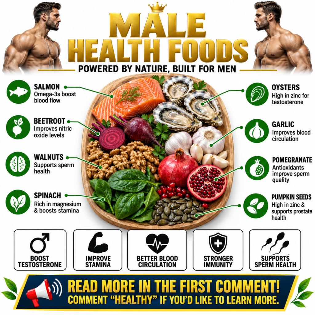 An infographic titled MALE HEALTH FOODS POWERED BY NATURE BUILT FOR MEN featuring a wooden platter overflowing with salm