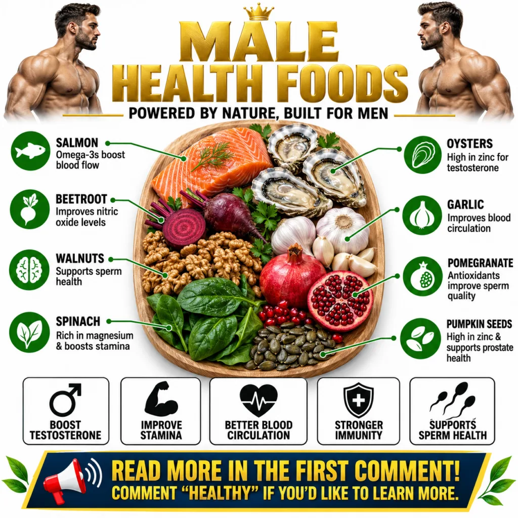 An infographic titled MALE HEALTH FOODS POWERED BY NATURE BUILT FOR MEN featuring a wooden platter overflowing with salm